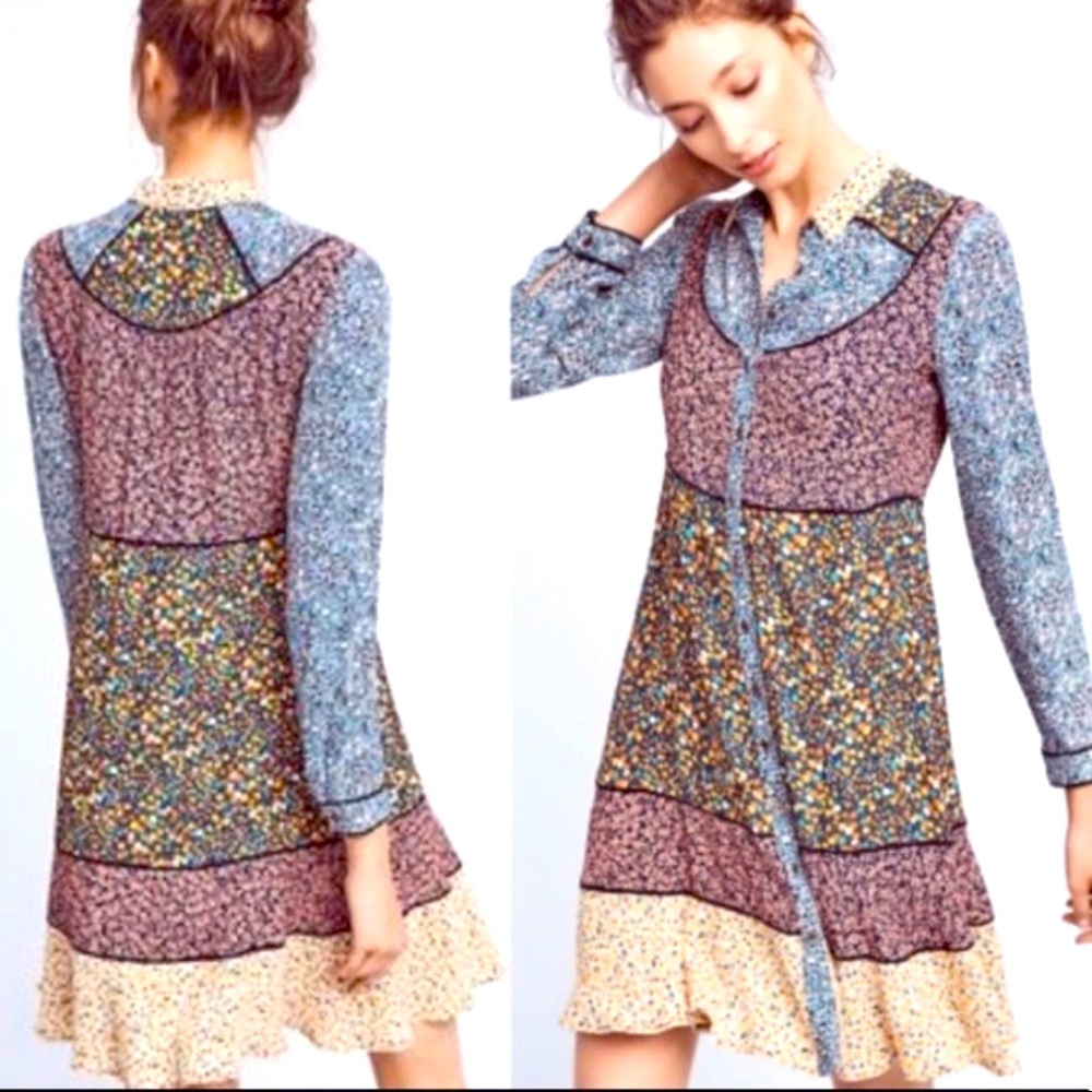 ANTHROPOLOGIE Maeve Teya Peasant Patchwork Floral Long Sleeve Boho Dress 00